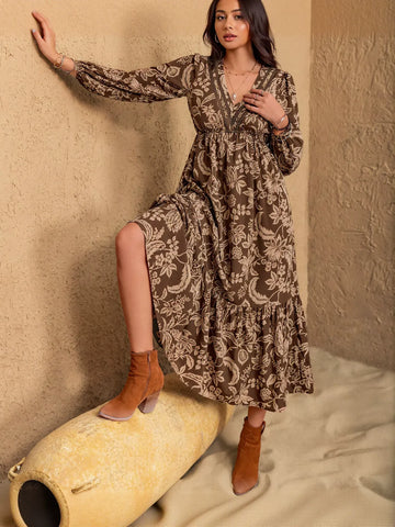 Boho Floral V Neck Midi Dress