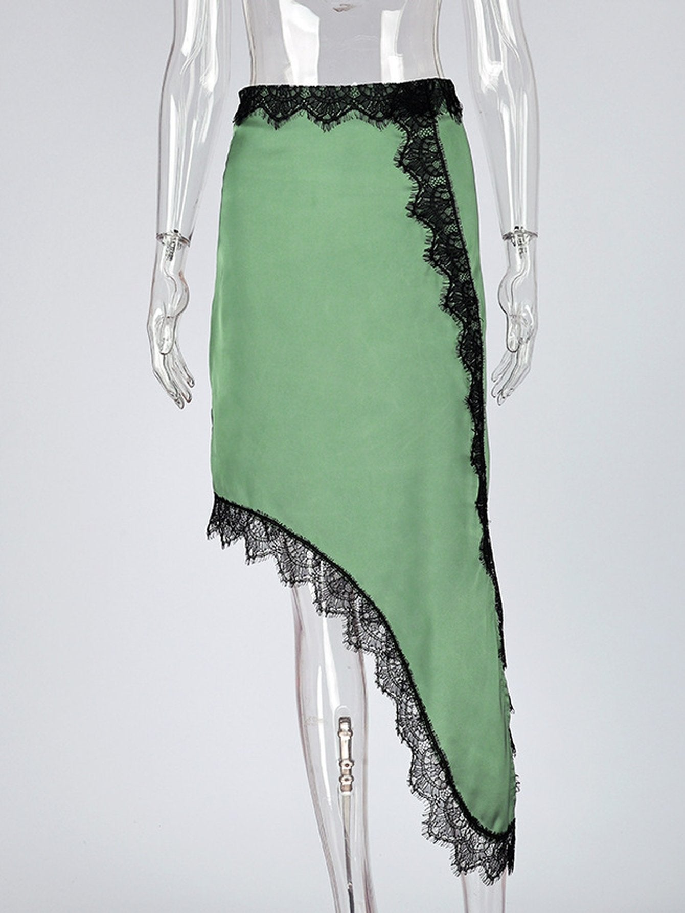 Elegant Lace Trim Satin Midi Skirt