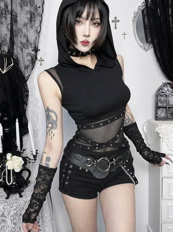 Gothic Hooded Mesh Studded Tank Top