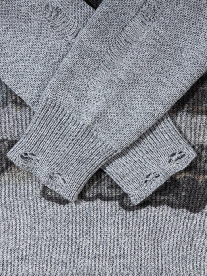 Distressed Graphic Print Oversized Sweater