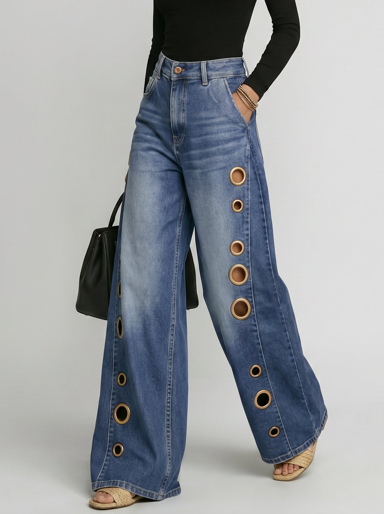 Eyelet Detail Wide Leg Jeans