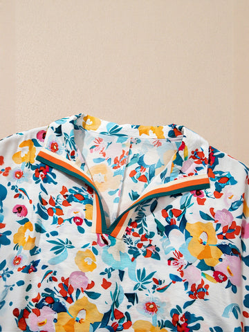 Floral Print Split Neck Chiffon Blouse
