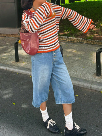 Oversized Striped Crewneck Knit Sweater