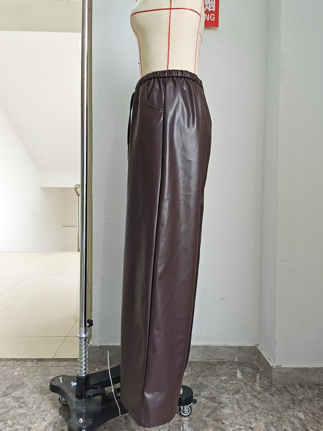 High Waisted Faux Leather Wide Pants