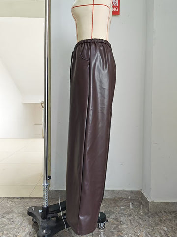 High Waisted Faux Leather Wide Pants