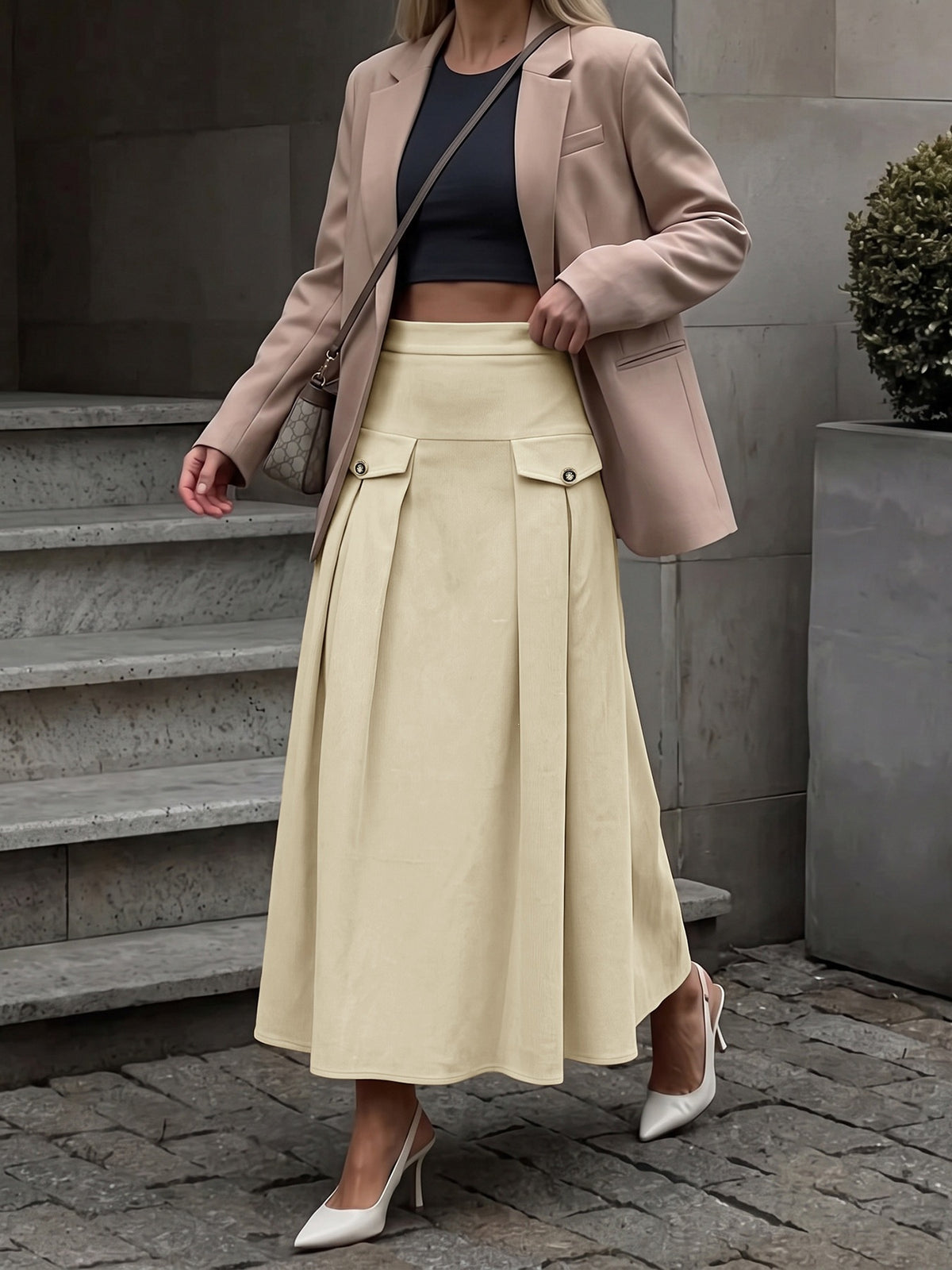 High Waisted Pleated Midi Skirt
