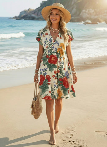 EVA Floral Print V Neck Tiered Babydoll Mini Dress
