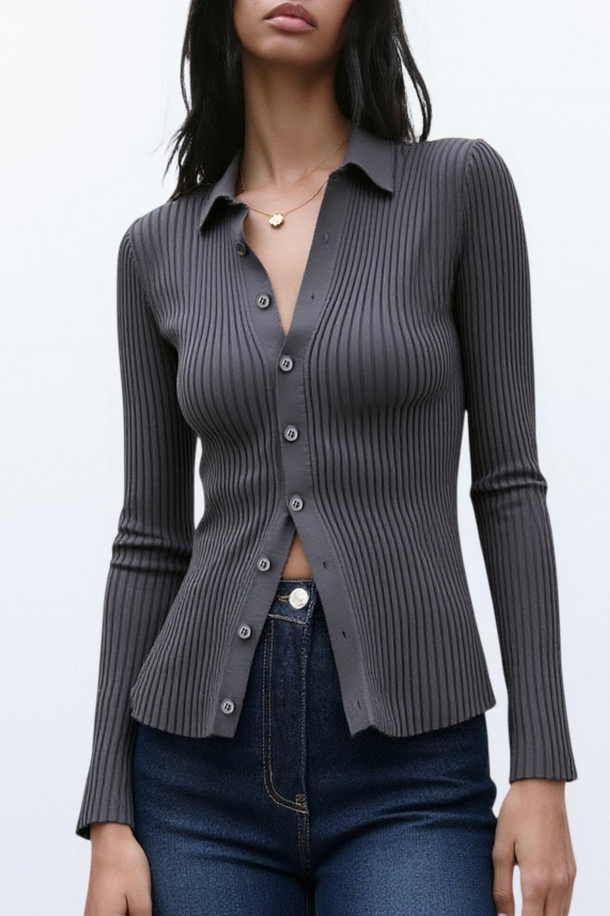 Ribbed Knit Full-Button Front