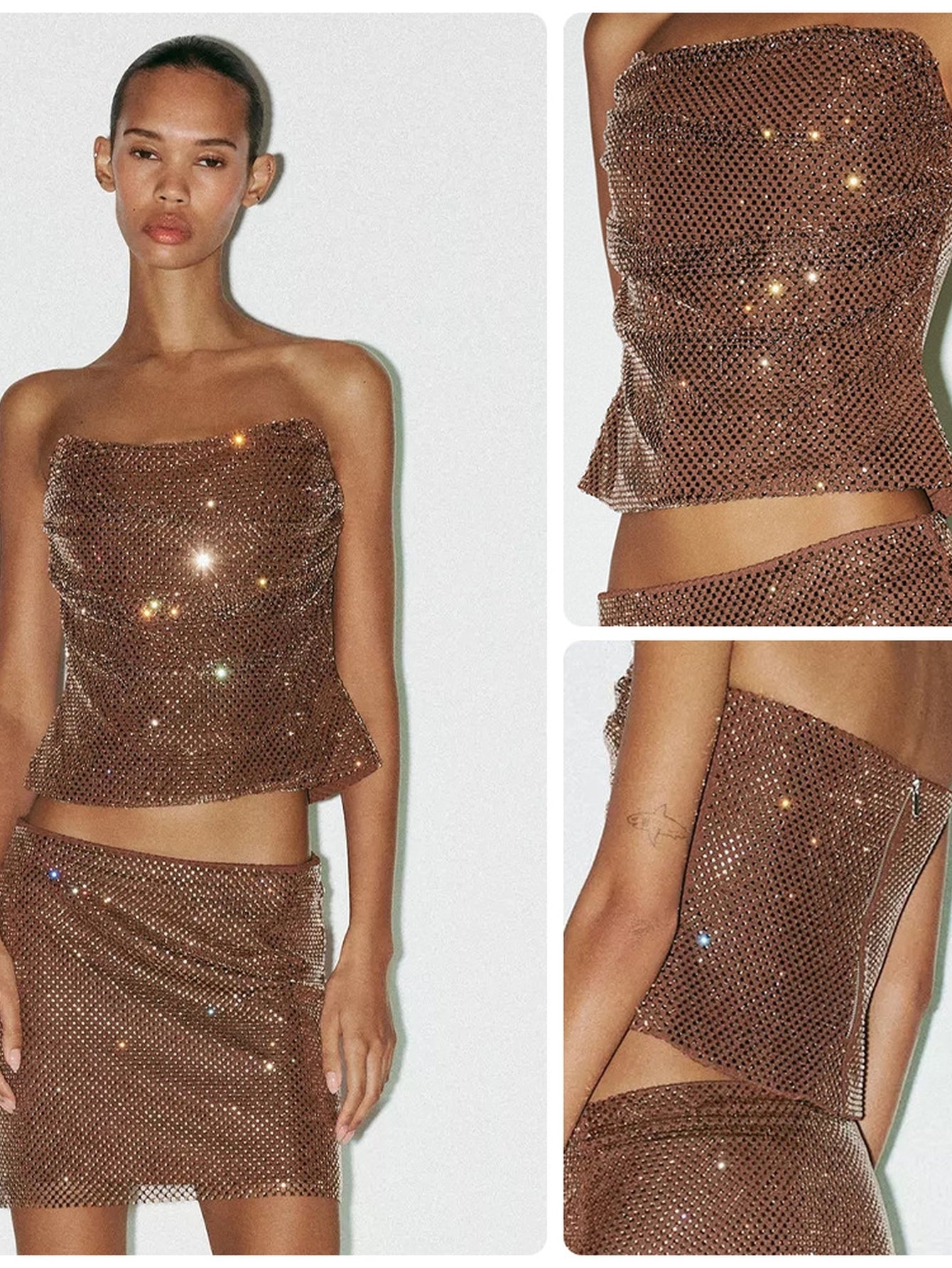 Sparkly Rhinestone Cowl Neck Skirt Set