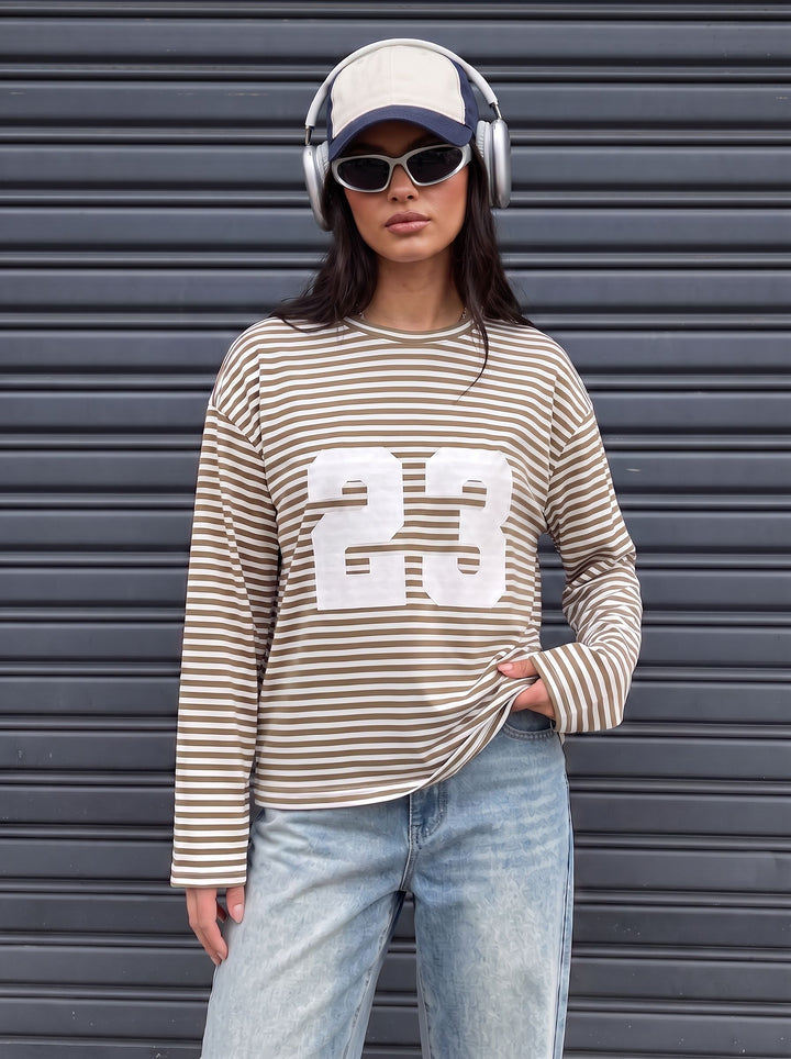 Oversized Striped Graphic Long Sleeve Tee