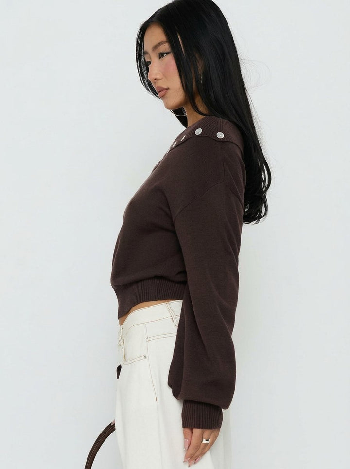Button Trim Off Shoulder Sweater
