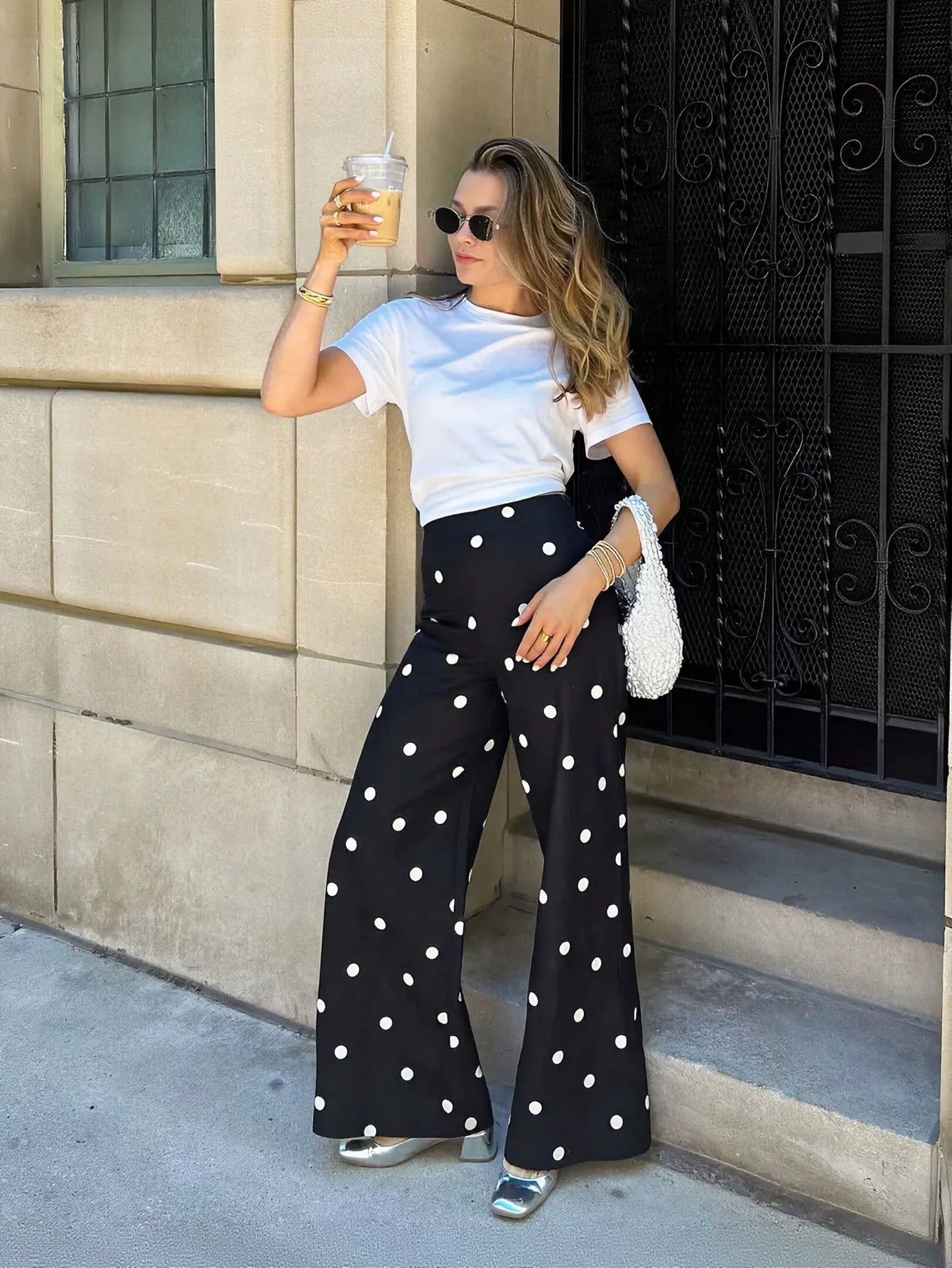 High Waisted Polka Dot Wide Leg Pants