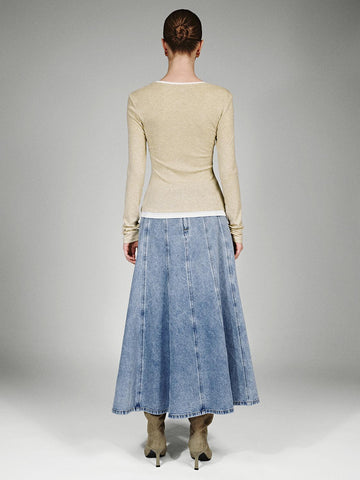Urban Revivo Belted Seamed Denim Midi Skirts-Blue
