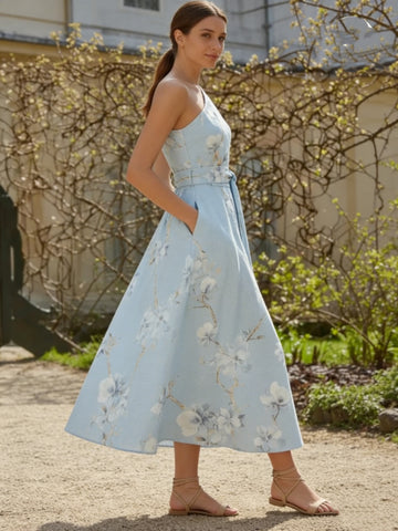 Floral One Shoulder Belted Midi Dress