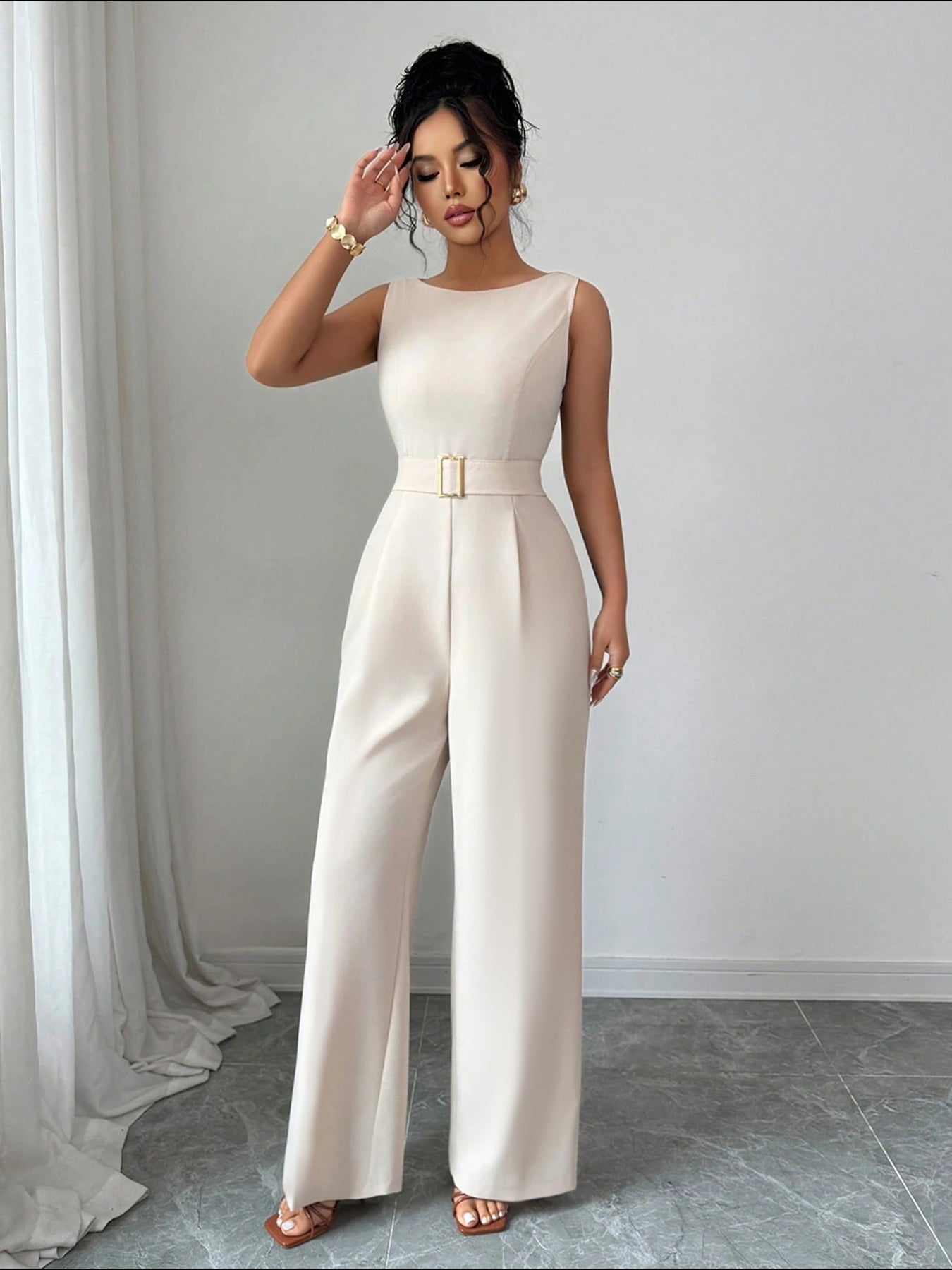 Sleeveless Belted Wide-Leg Modern Jumpsuit-Apricot
