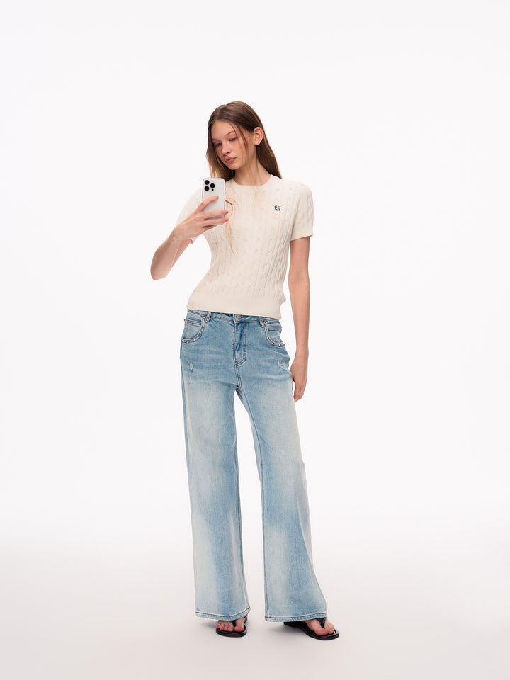 Studded Distressed High Waisted Wide Leg Jeans
