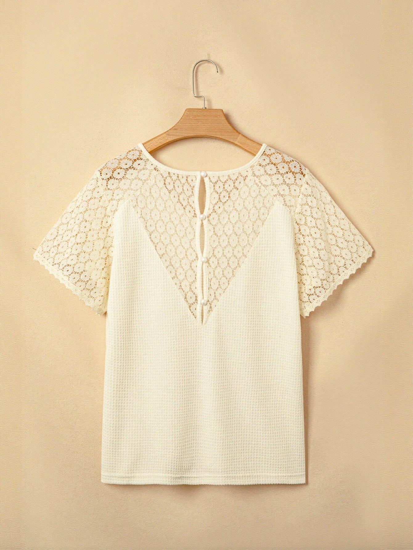 Waffle Knit Lace Sleeve T Shirt