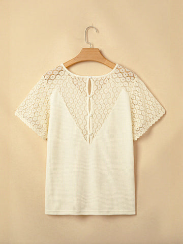 Waffle Knit Lace Sleeve T Shirt