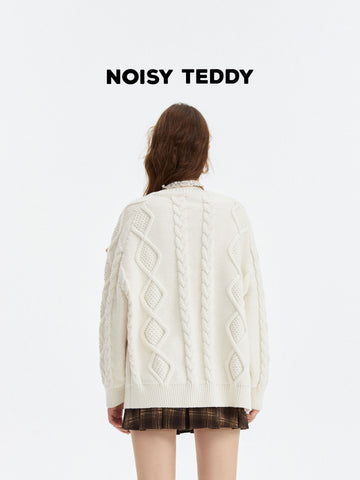 Cute Bear Applique Cable Knit Cardigan