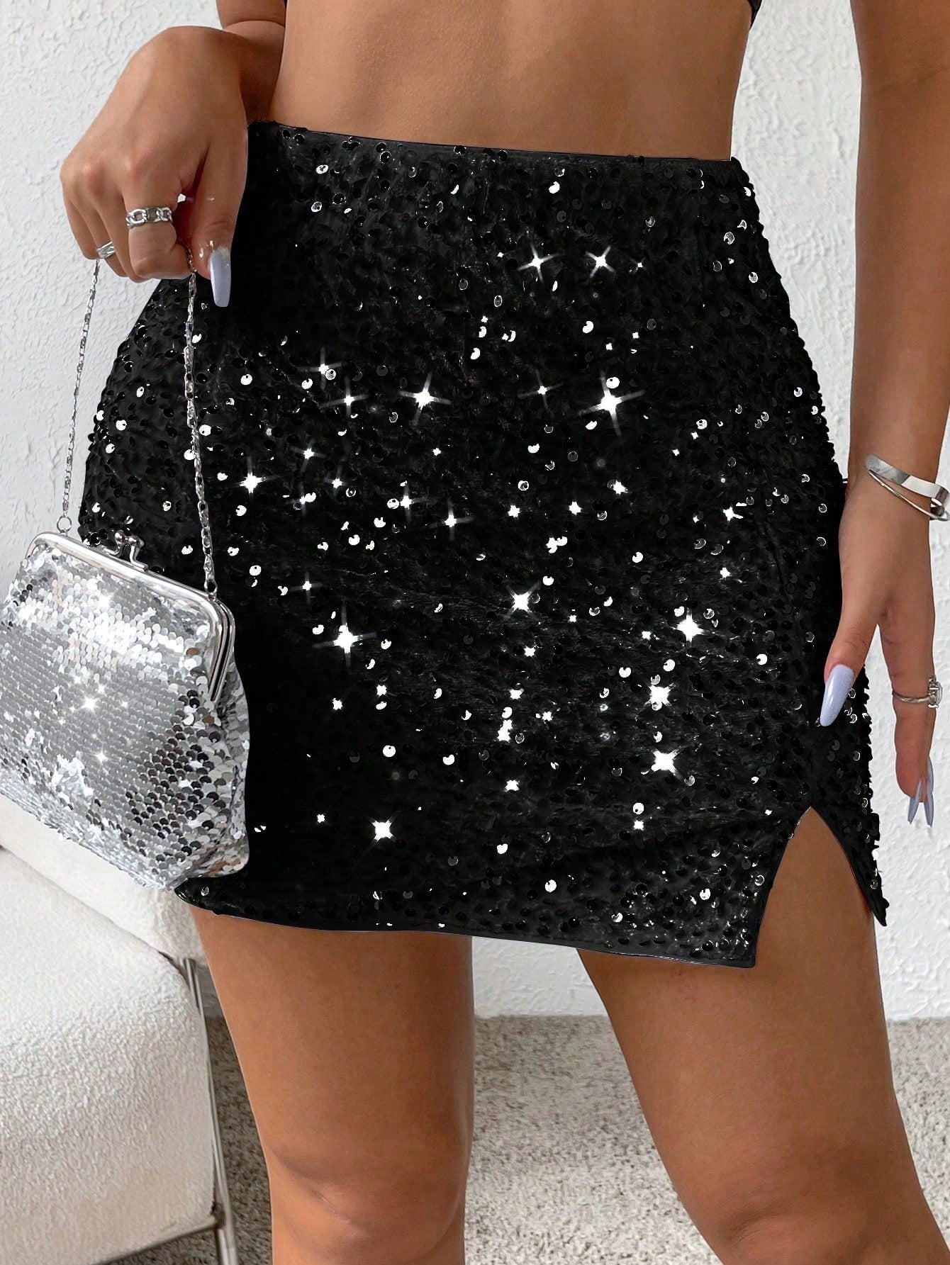 Sparkly High Waisted Sequin Mini Skirt