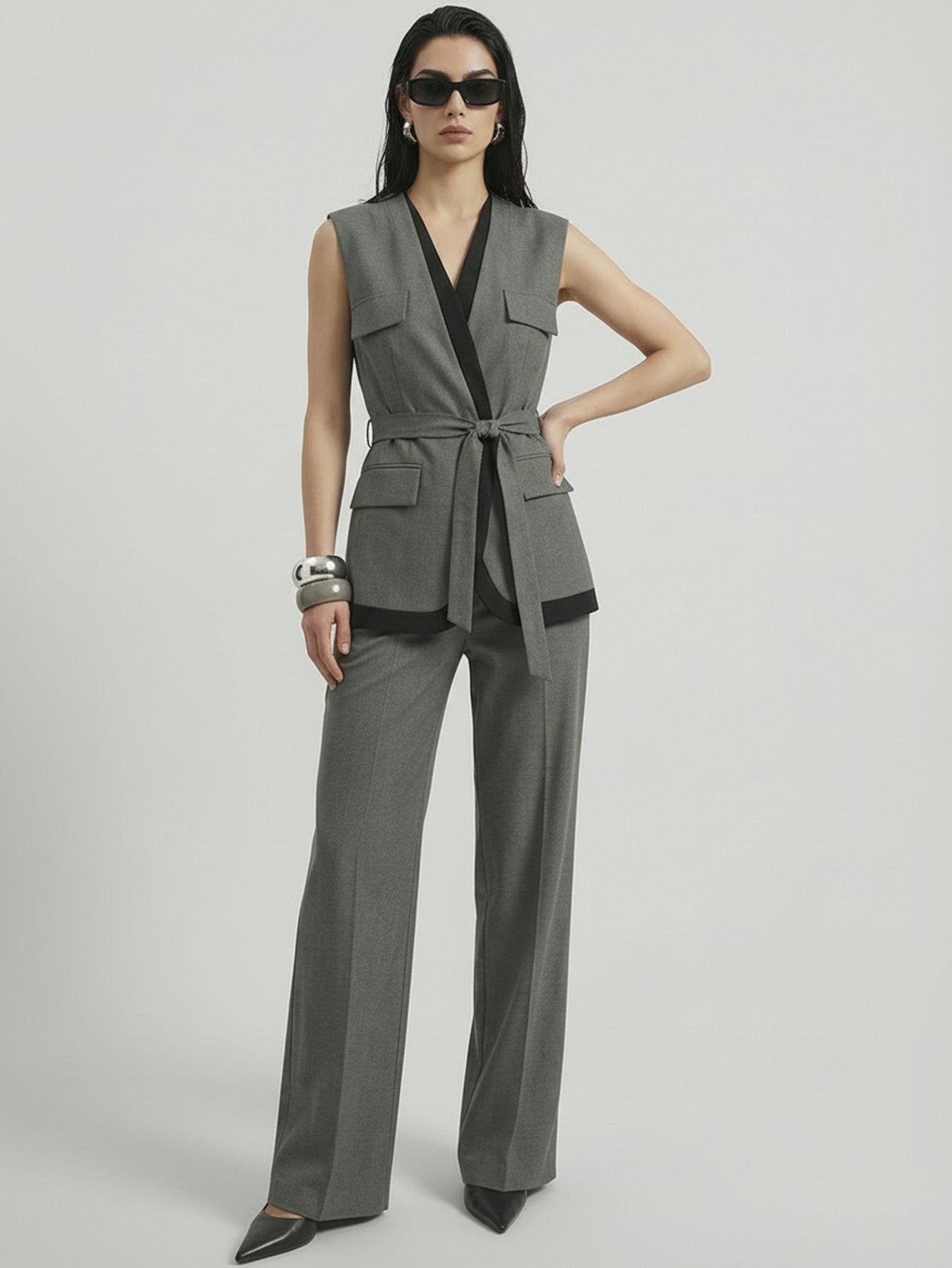 SAÏA V Neck Tie-Waisted Business Suit-Gray