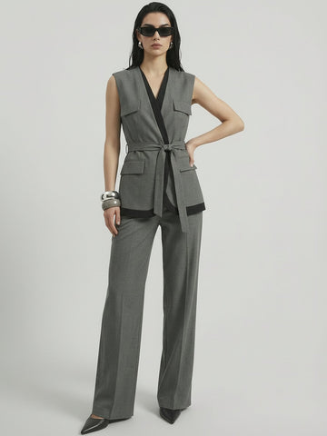 SAÏA V Neck Tie-Waisted Business Suit-Gray