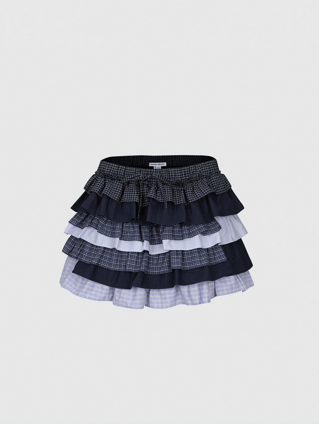 Urban Revivo Drawstring Contrast Check Tiered Ruffle A-Line Mini Skirts