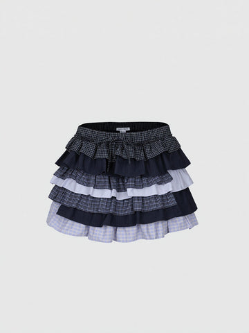 Urban Revivo Drawstring Contrast Check Tiered Ruffle A-Line Mini Skirts