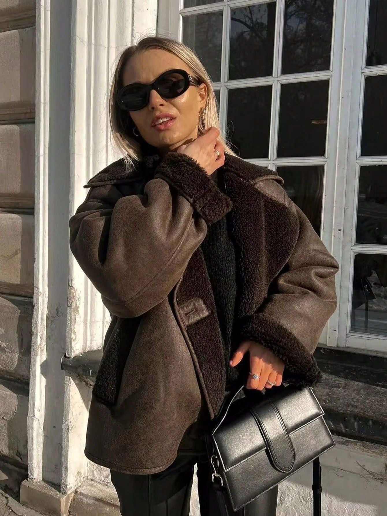 Oversized Faux Shearling Trim Coat