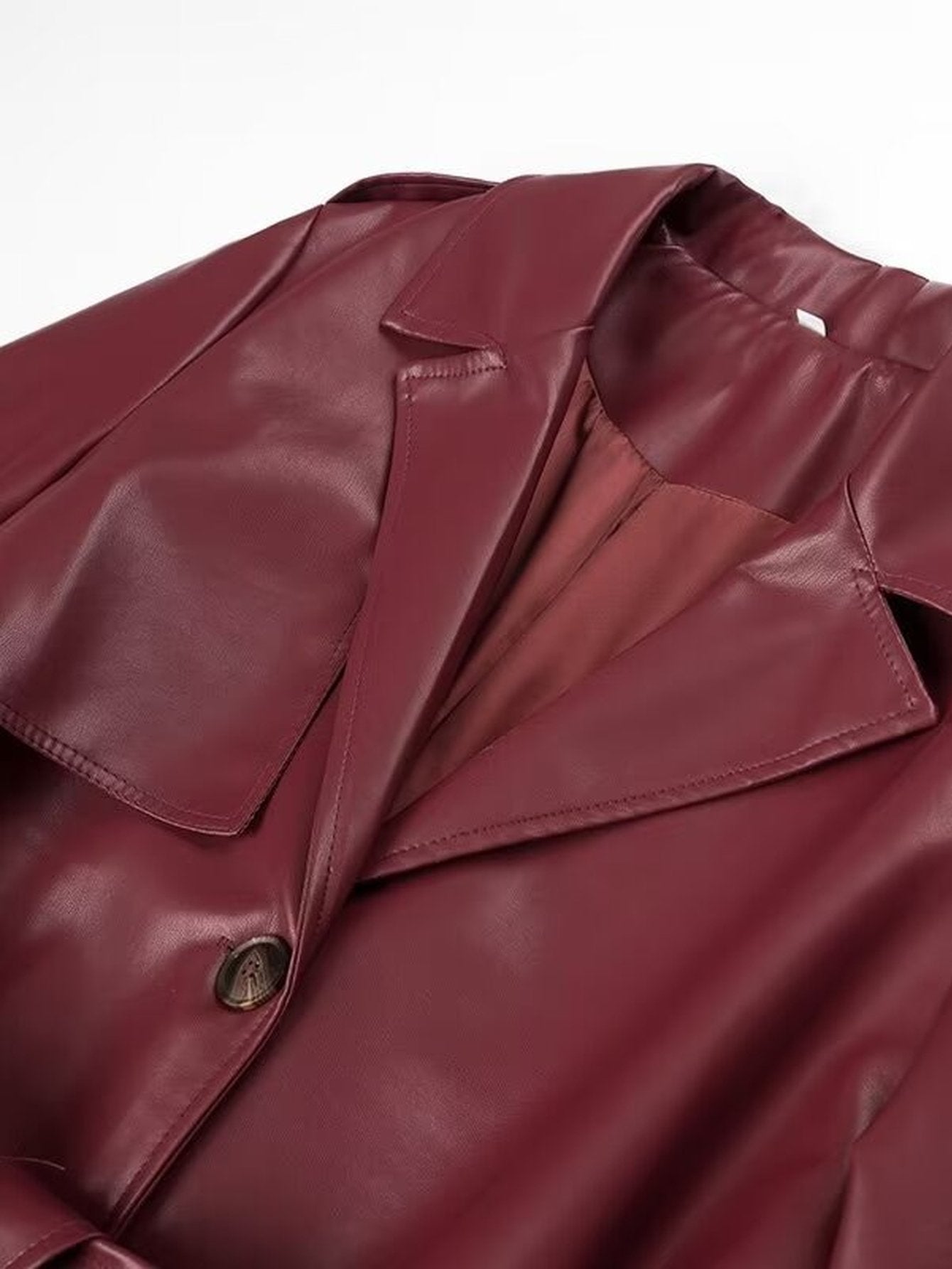 Elegant Belted Faux Leather Trench Coat