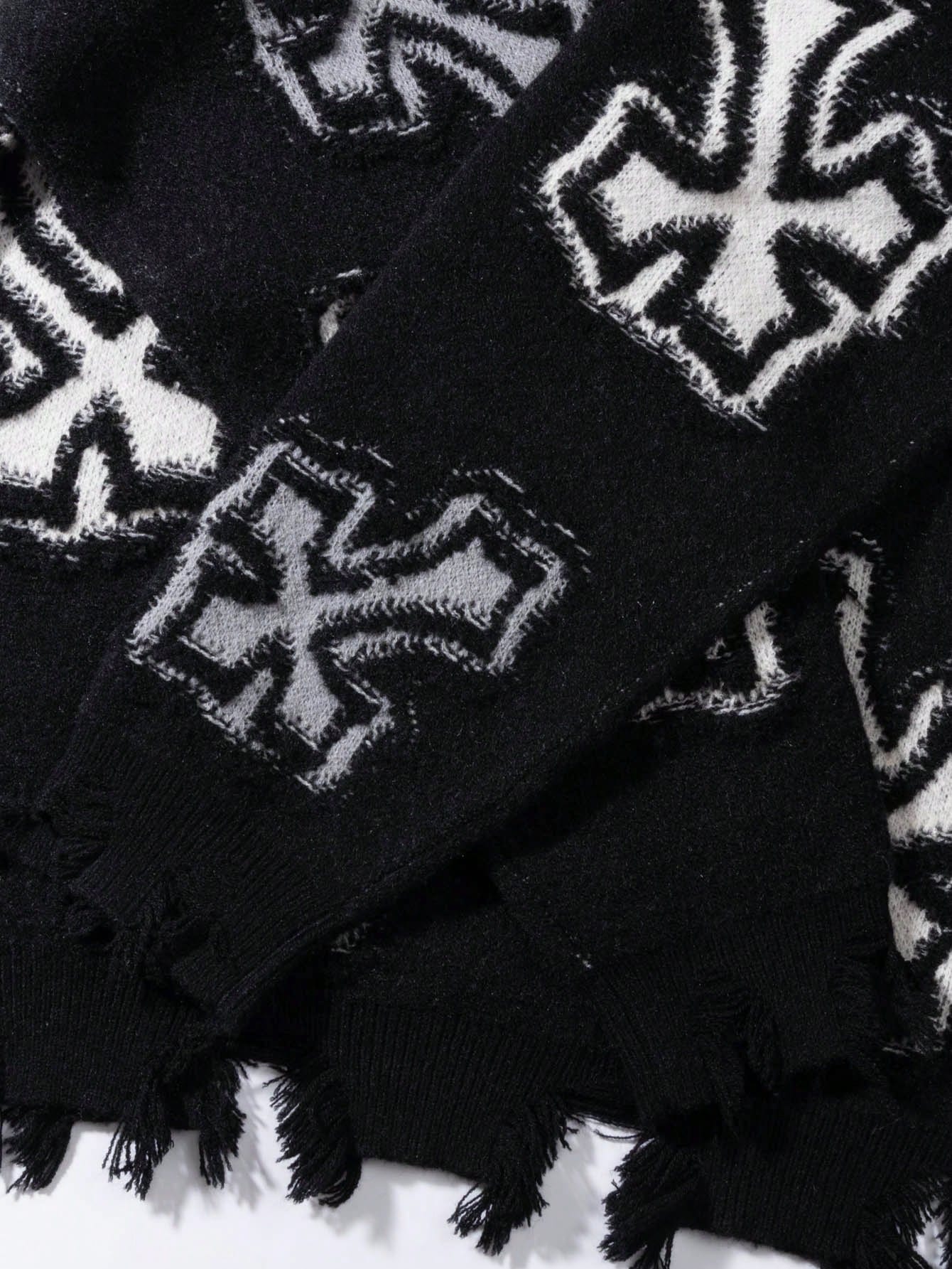 Distressed Grunge Cross Print Sweater