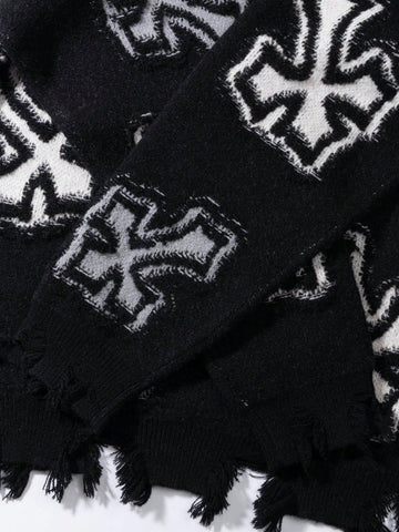 Distressed Grunge Cross Print Sweater