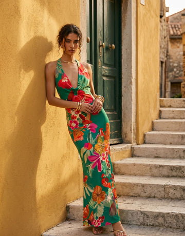 LILA Floral Print Cowl Neck Bodycon Maxi Dress