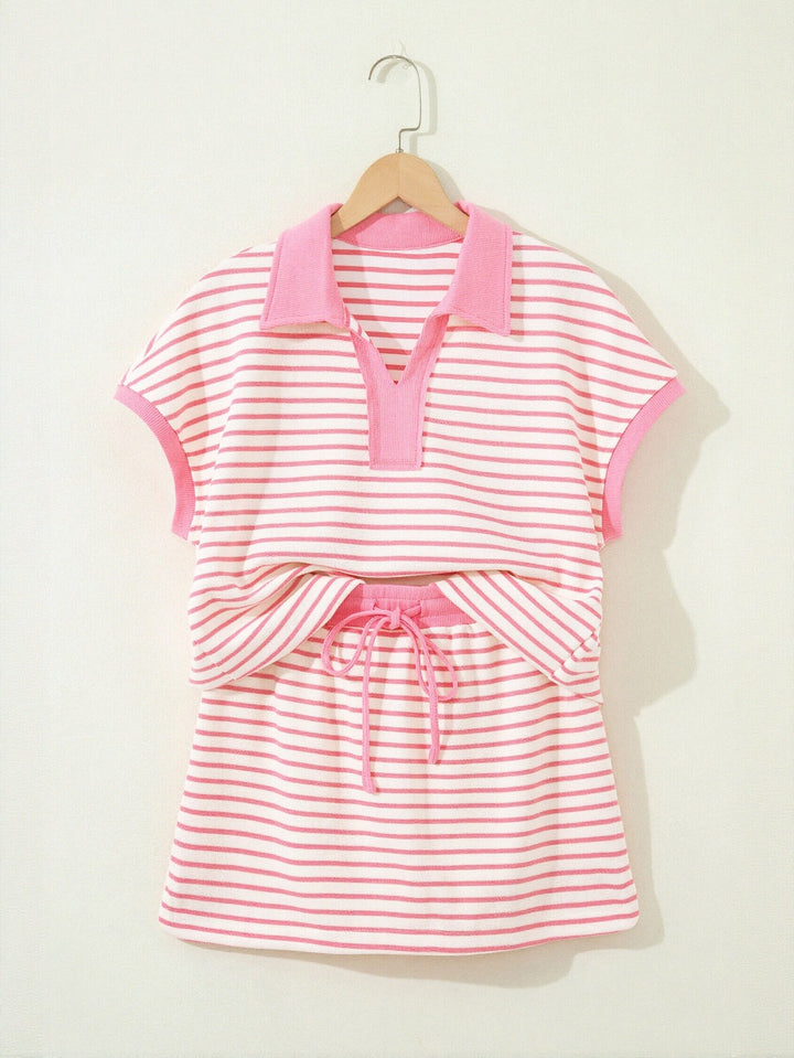 Preppy Striped Polo Skirt Set