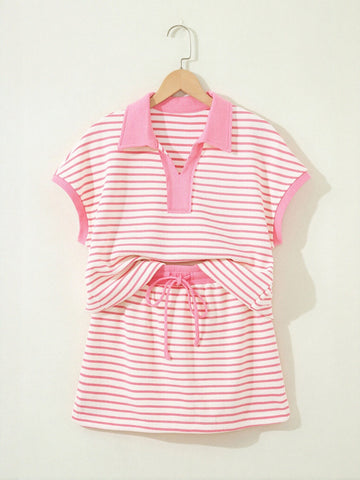 Preppy Striped Polo Skirt Set