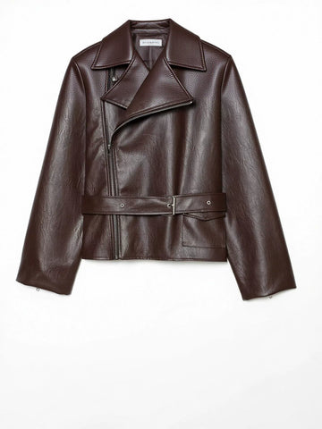 Oversized Brown Faux Leather Moto Jacket