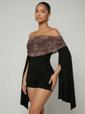 Leopard Capelet Off Shoulder Fashion Jumpsuit