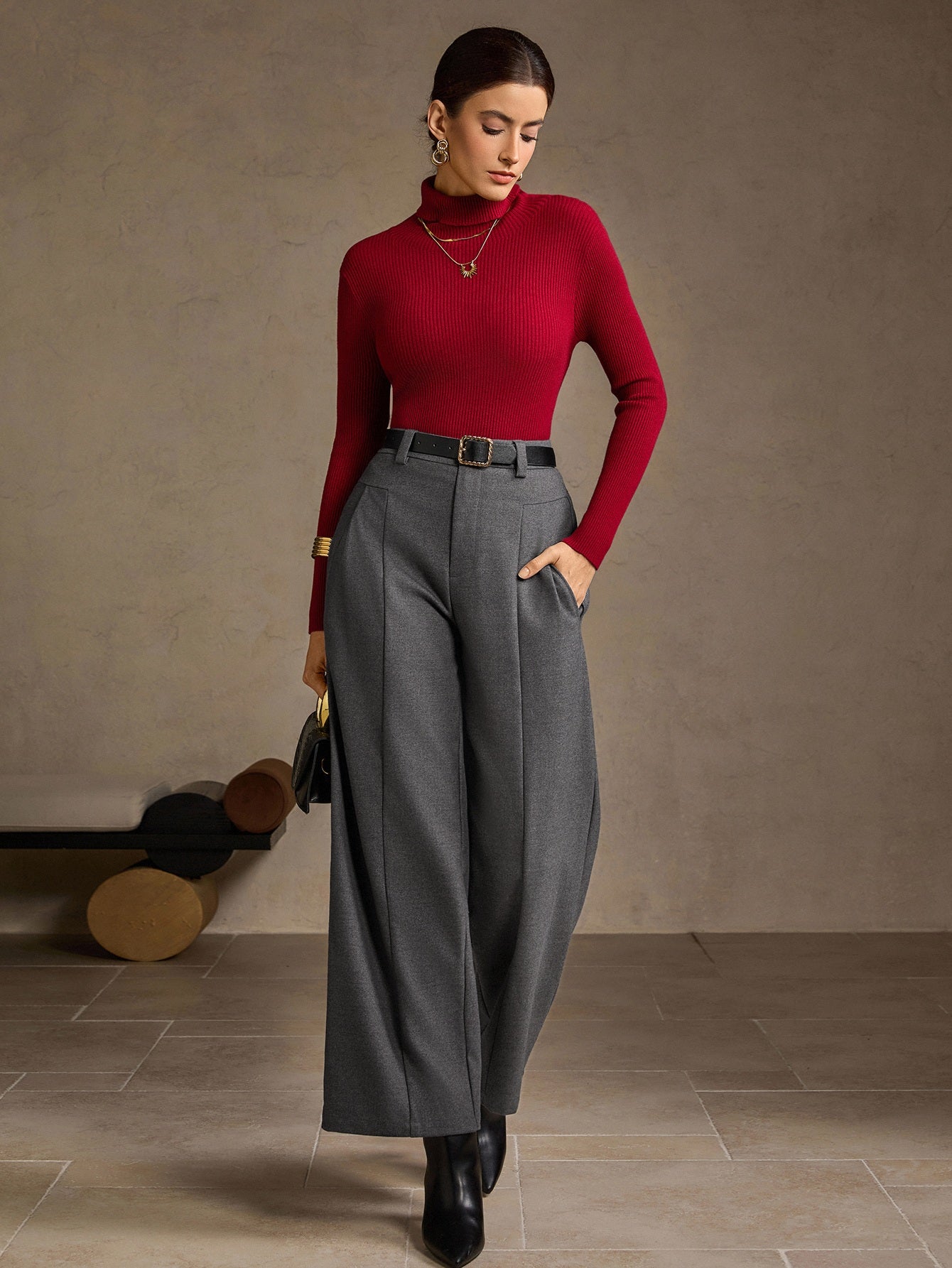 High Waisted Pleated Wide Leg Trousers