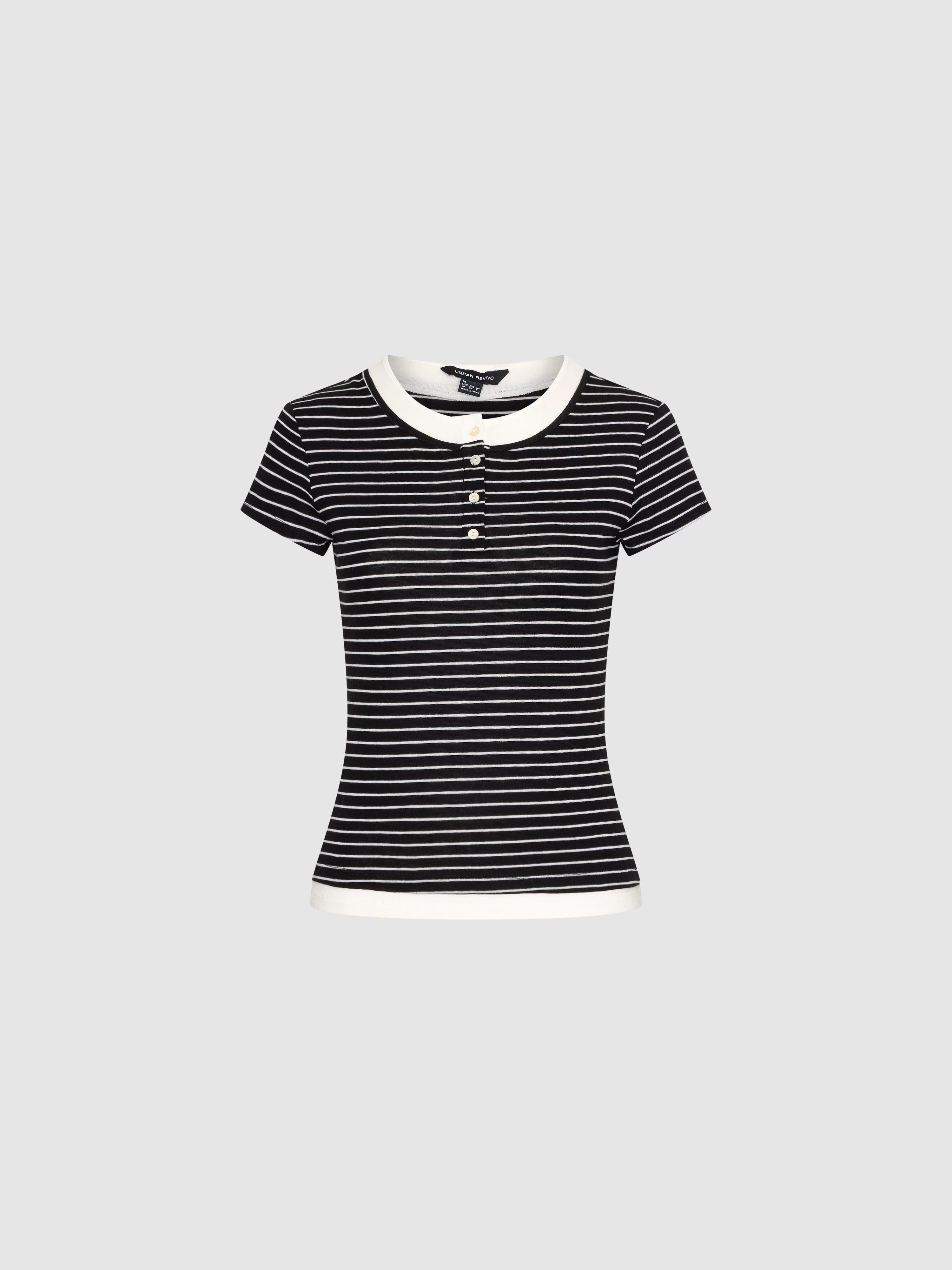 Henley Neck Contrast Striped Skinny-Fit T-Shirts