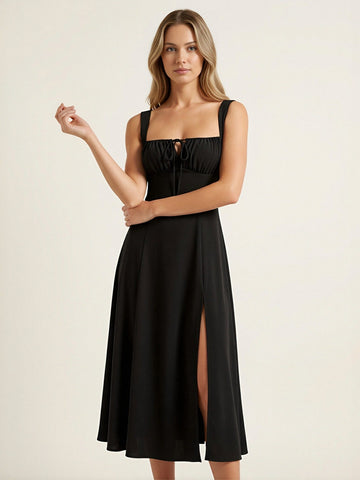 Smocked Bust Tie-Front A-Line Vintage Midi Dress-Black