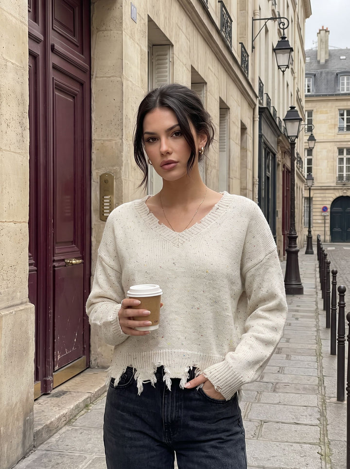 Distressed Speckled V Neck Sweater