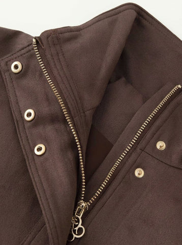 Chic Brown Suede Stand Collar Jacket