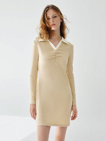 Urban Revivo Standard Sleeve Polo Skater Dresses-Light Khaki