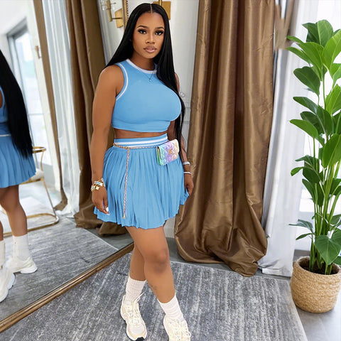 Athletic Ribbed Crop Pleated Skirt Set