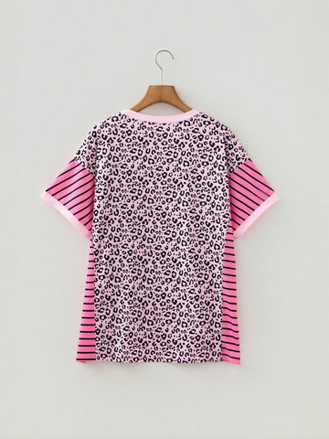 Leopard Print Stripe Sleeve Blouse