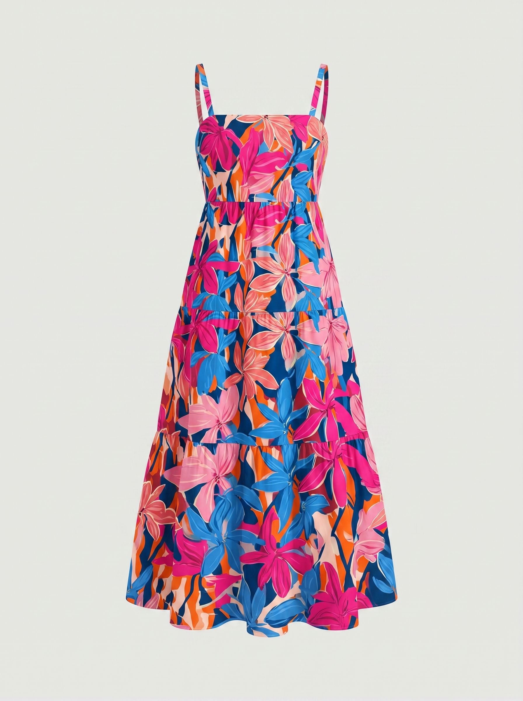 FLORA Floral Print Tiered Strap Midi Dress