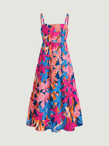 FLORA Floral Print Tiered Strap Midi Dress