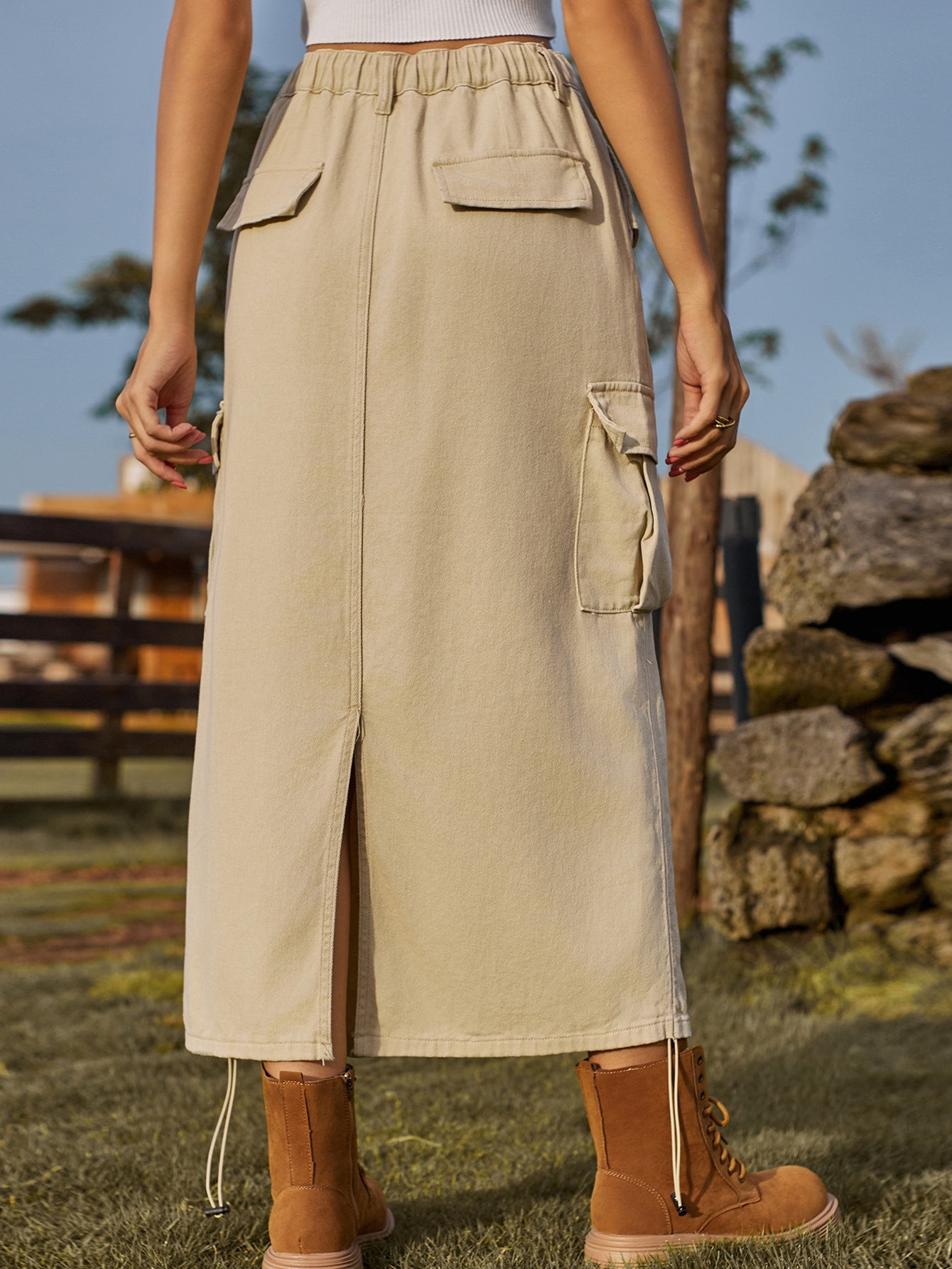 High Waisted Drawstring Denim Midi Skirt