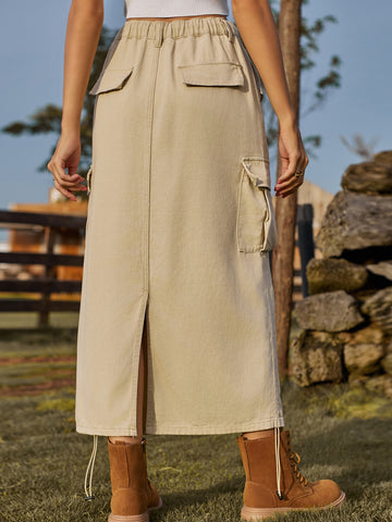 High Waisted Drawstring Denim Midi Skirt