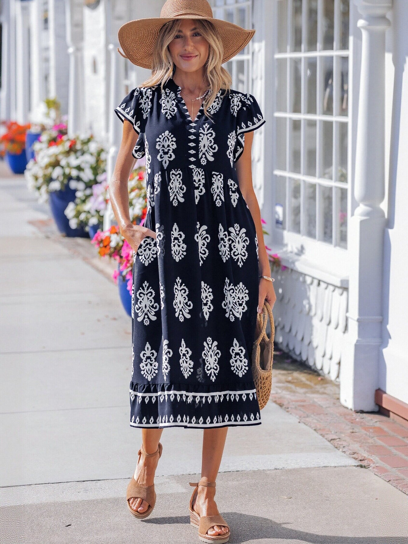 Boho Printed V Neck Midi Dress